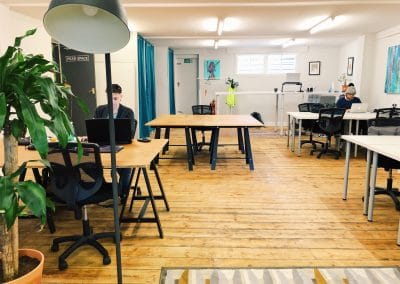 co-work, head space, raw space, quiet, chill, desks, plants, lamps, rug